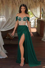 Off the Shoulder Mermaid Prom Dress with Beading Split Ruffles