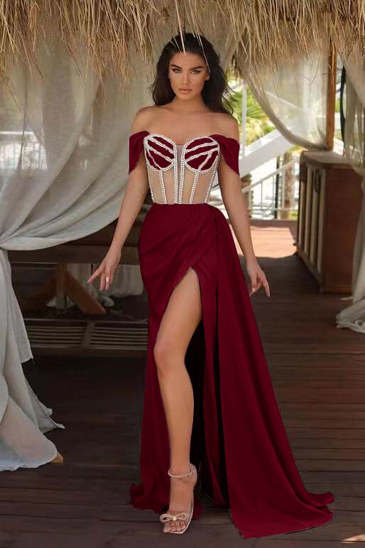 Off the Shoulder Mermaid Prom Dress with Beading Split Ruffles