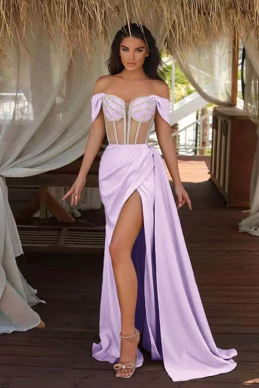Off the Shoulder Mermaid Prom Dress with Beading Split Ruffles