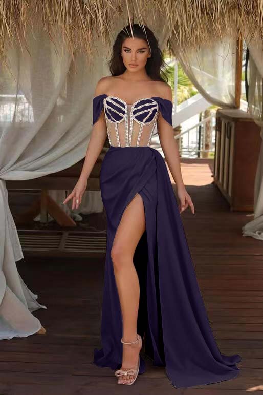 Off the Shoulder Mermaid Prom Dress with Beading Split Ruffles