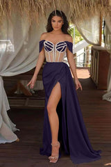 Off the Shoulder Mermaid Prom Dress with Beading Split Ruffles