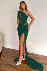 Champagne One Shoulder Prom Dress with Sequins and High Split