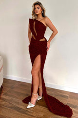 Champagne One Shoulder Prom Dress with Sequins and High Split
