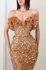 Champagne V Neck Pleated Sequins Prom Dress with Slit