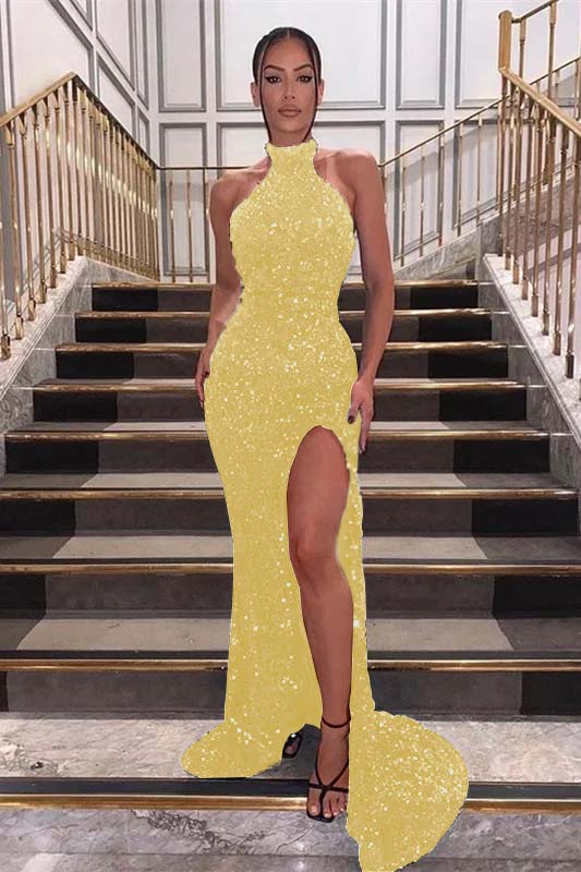 Charming Halter Mermaid Long Prom Dress with Front Split and Sequins