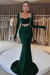 Black Velvet Long Sleeve Mermaid Long Prom Dress with Beading Gloves