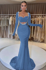 Black Velvet Long Sleeve Mermaid Long Prom Dress with Beading Gloves