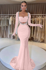Black Velvet Long Sleeve Mermaid Long Prom Dress with Beading Gloves