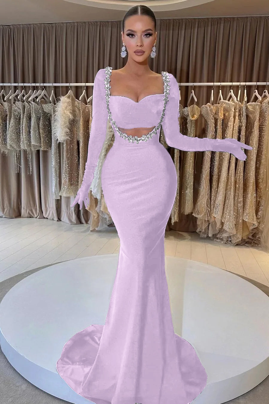Black Velvet Long Sleeve Mermaid Long Prom Dress with Beading Gloves