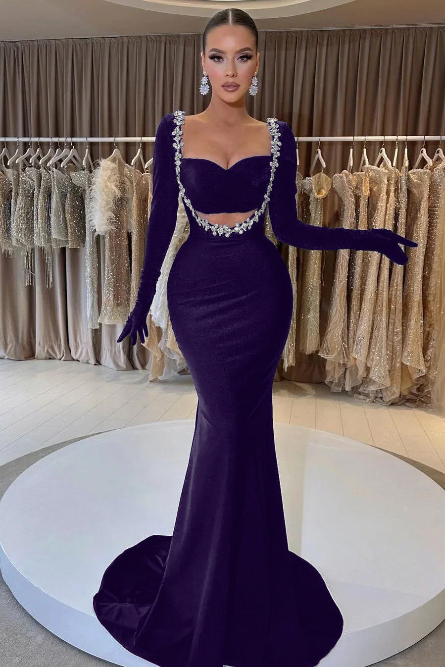 Black Velvet Long Sleeve Mermaid Long Prom Dress with Beading Gloves