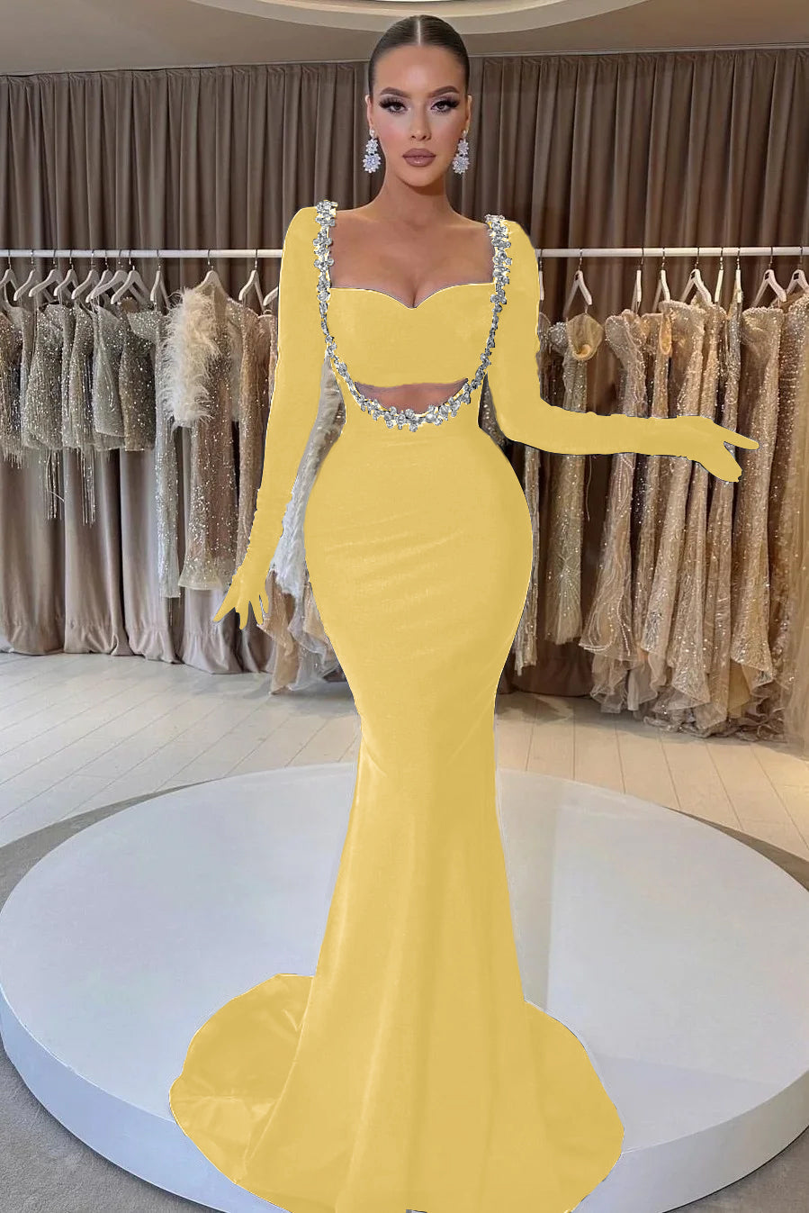 Black Velvet Long Sleeve Mermaid Long Prom Dress with Beading Gloves