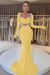 Black Velvet Long Sleeve Mermaid Long Prom Dress with Beading Gloves