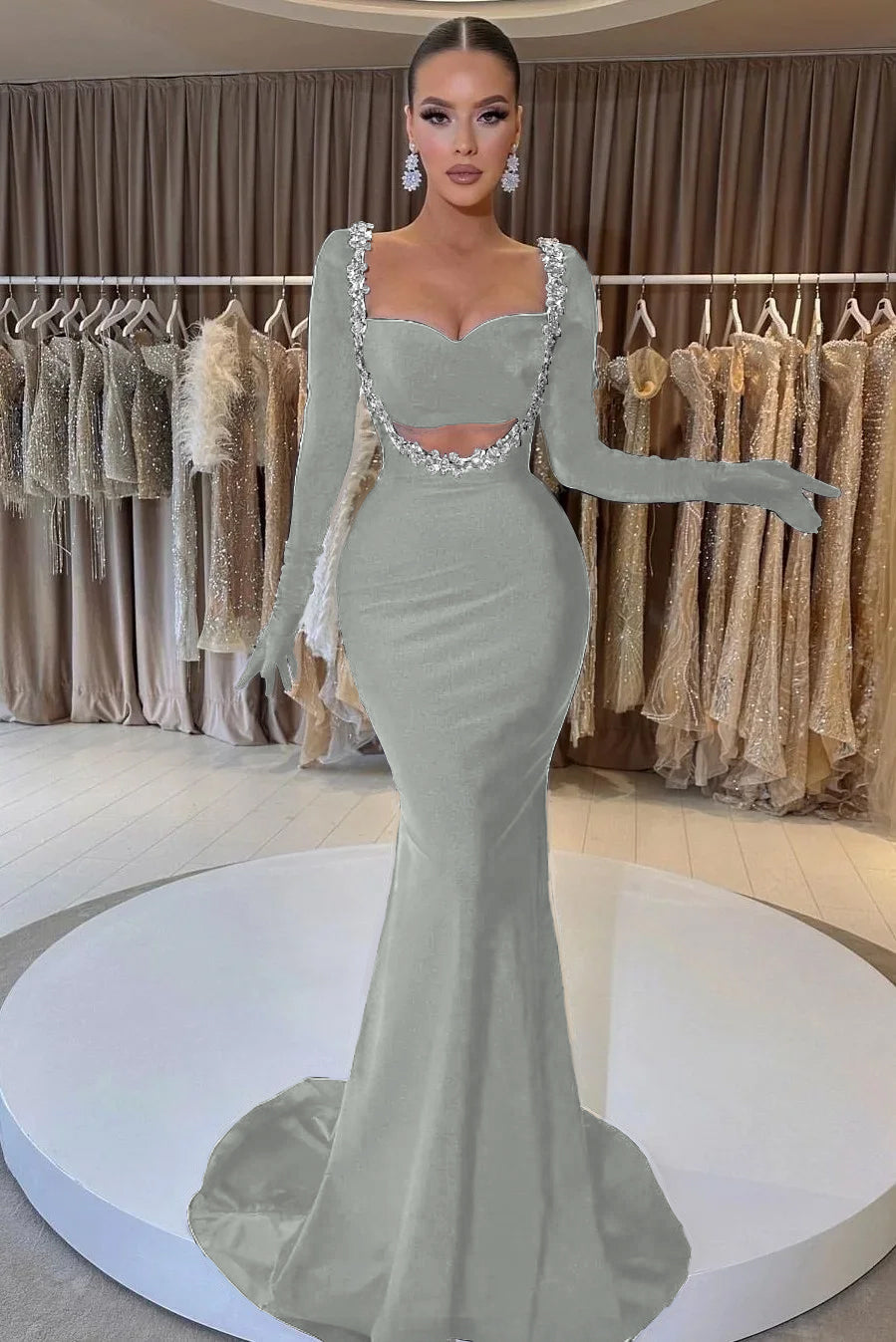 Black Velvet Long Sleeve Mermaid Long Prom Dress with Beading Gloves