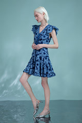 Babyonlines Charming Blue Cap Sleeves Floral A-line Dresses