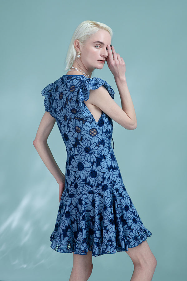 Babyonlines Charming Blue Cap Sleeves Floral A-line Dresses