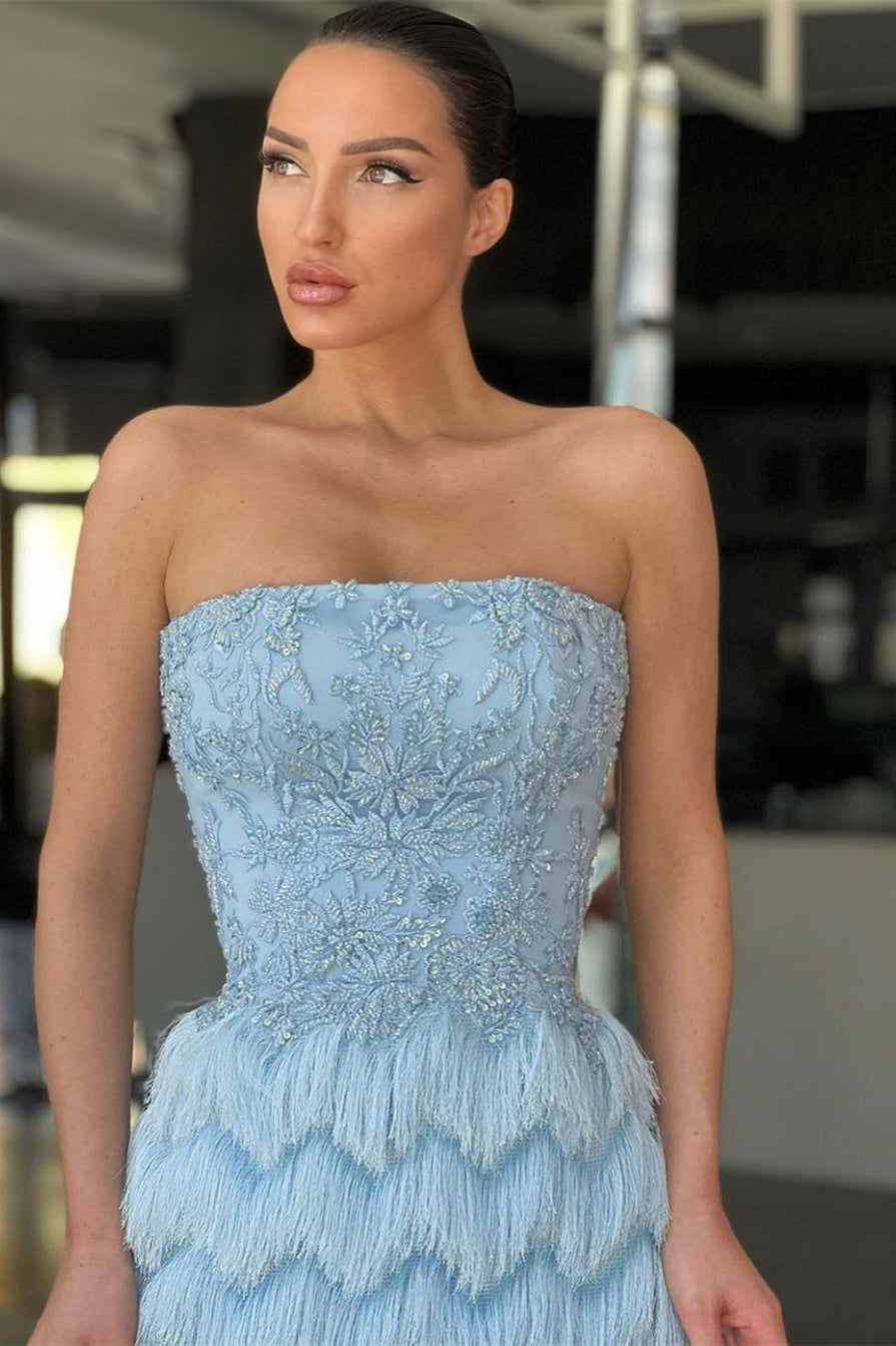 Charming Blue Evening Dress Off-the-Shoulder with Pleated Feather Beadings