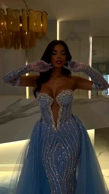 Blue Strapless Mermaid Long Prom Dress with Beading
