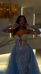 Blue Strapless Mermaid Long Prom Dress with Beading