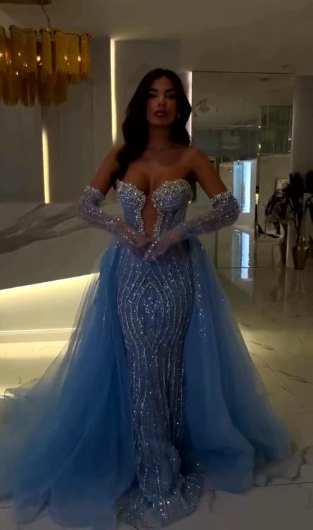 Blue Strapless Mermaid Long Prom Dress with Beading