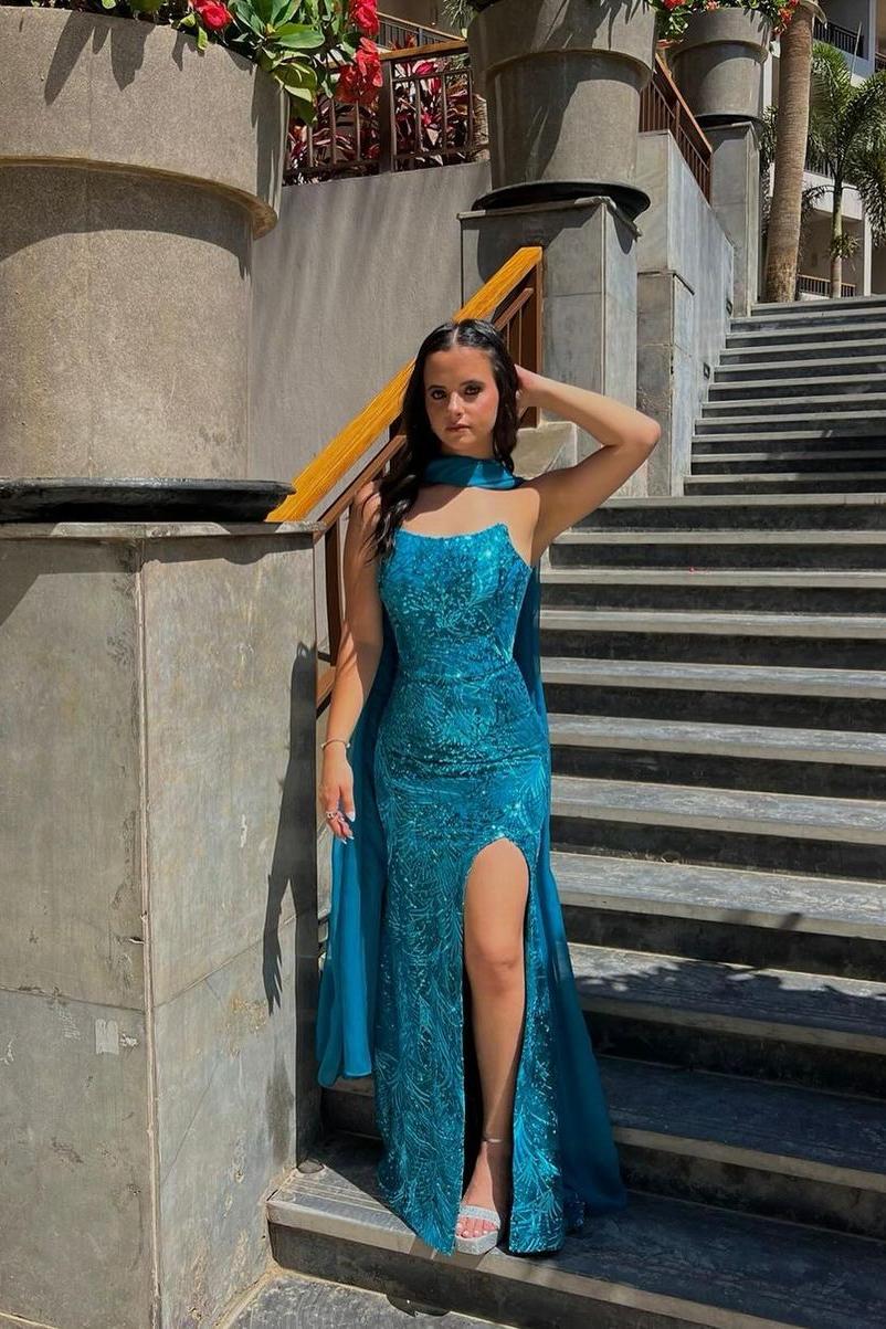 Charming Blue Strapless Long Prom Dress with Front Split and Pleated