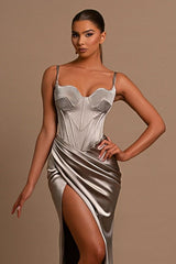 Charming Grey Evening Dress Ball Gown with Slit Pleated Spaghetti Straps