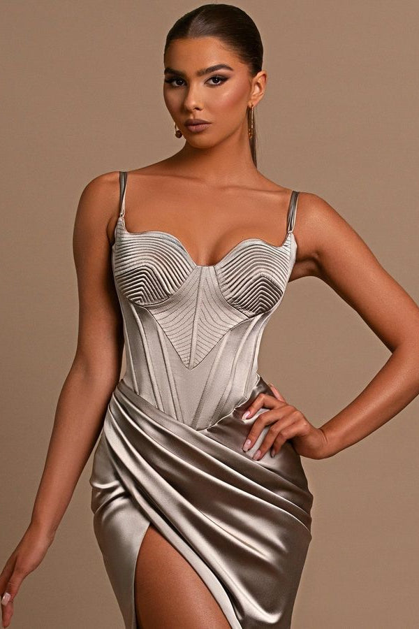 Charming Grey Evening Dress Ball Gown with Slit Pleated Spaghetti Straps
