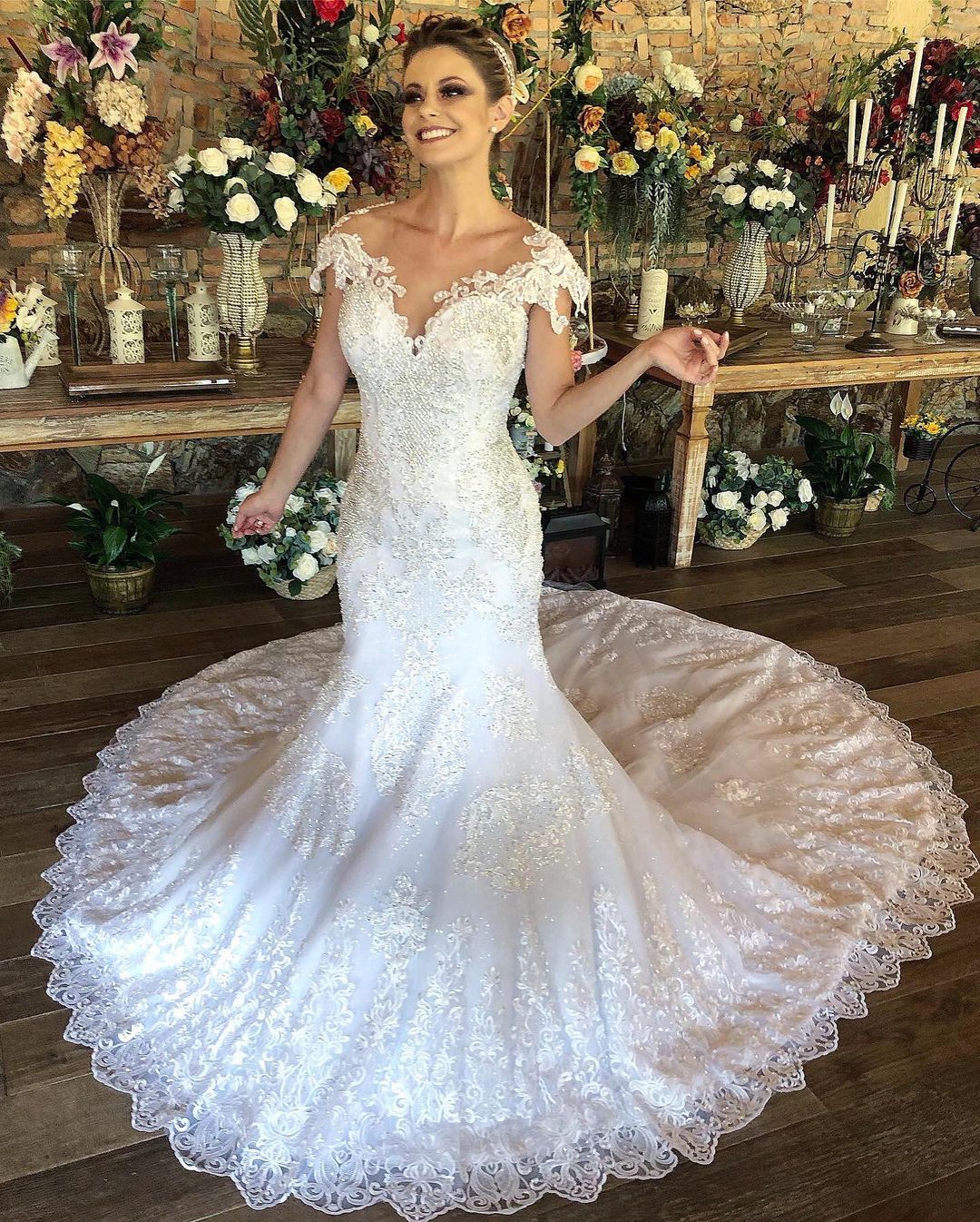 Charming Long Sweetheart Mermaid Wedding Dress with Cap Sleeves and Lace