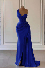 Luxury One Shoulder Mermaid Long Prom Dress with Split Ruffles