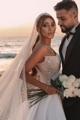 Charming One-Shoulder Long Sleeve A-Line Wedding Dress with Sequins