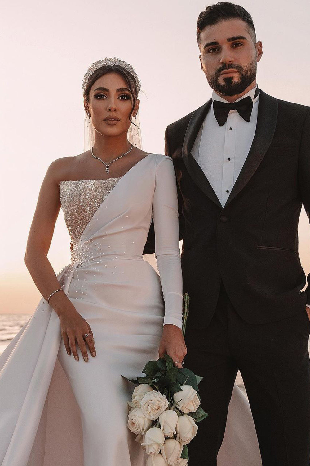 Charming One-Shoulder Long Sleeve A-Line Wedding Dress with Sequins