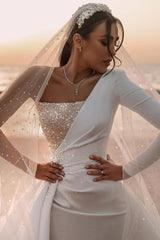 Charming One-Shoulder Long Sleeve A-Line Wedding Dress with Sequins
