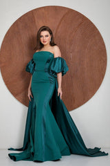 Charming Strapless Mermaid Long Prom Dress with Ruffles and Puff Sleeves