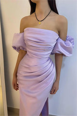 Charming Purple Square Neck Prom Dress with Bubble Sleeves, Split and Pleated