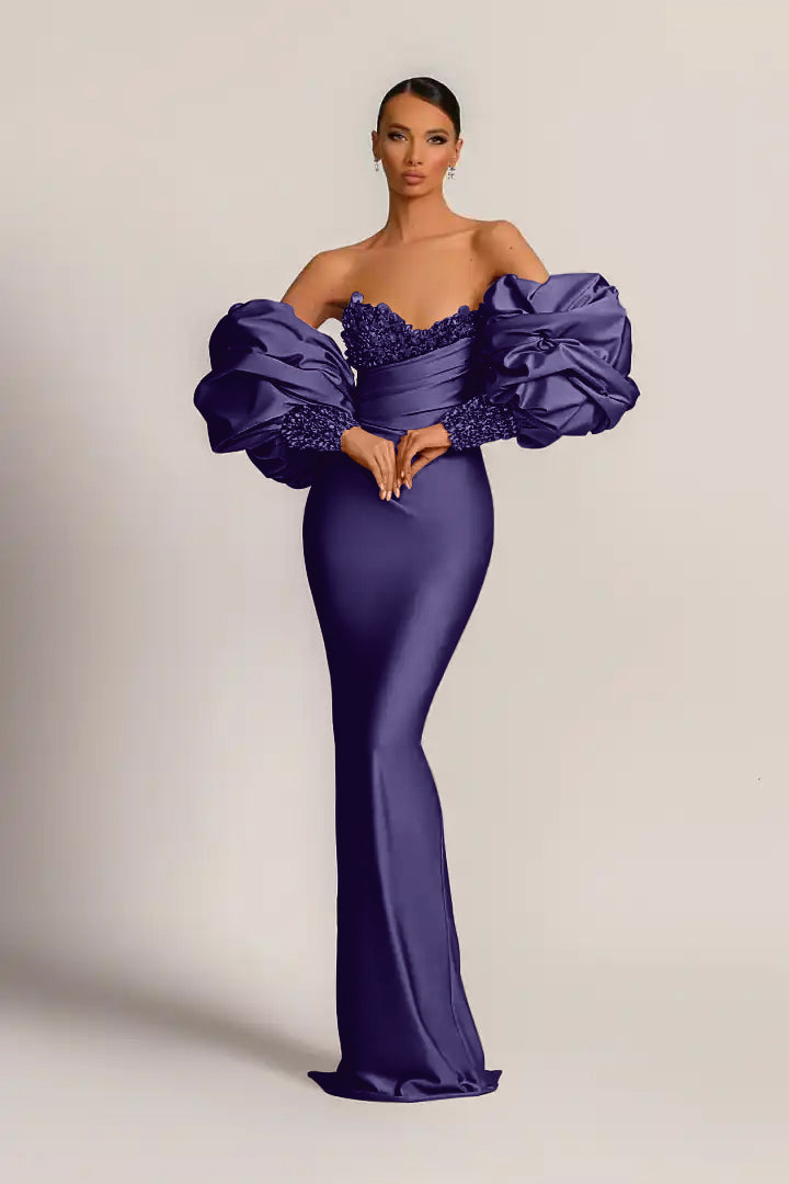 Purple Strapless Mermaid Long Prom Dress with Appliques