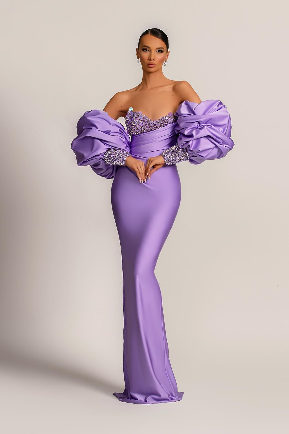 Purple Strapless Mermaid Long Prom Dress with Appliques