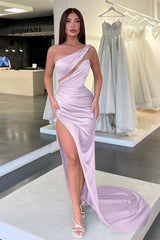 Charming One Shoulder Long Split Evening Dress with Pleated Details