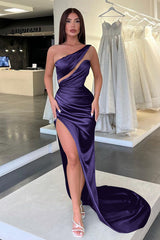 Charming One Shoulder Long Split Evening Dress with Pleated Details