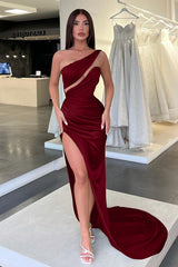 Charming One Shoulder Long Split Evening Dress with Pleated Details