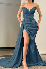 Charming Strapless Pleated Mermaid Sequins Long Prom Dress with Split