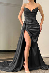 Charming Strapless Pleated Mermaid Sequins Long Prom Dress with Split