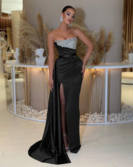 Charming Strapless Long Prom Dress with Beading Split Ruffles
