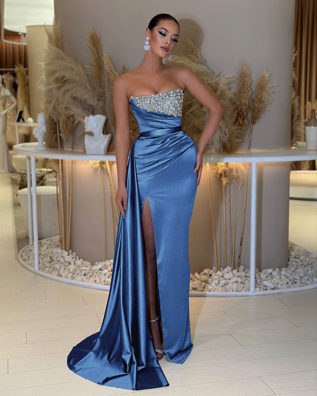 Charming Strapless Long Prom Dress with Beading Split Ruffles