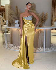 Charming Strapless Long Prom Dress with Beading Split Ruffles