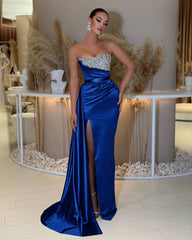 Charming Strapless Long Prom Dress with Beading Split Ruffles
