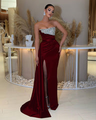 Charming Strapless Long Prom Dress with Beading Split Ruffles
