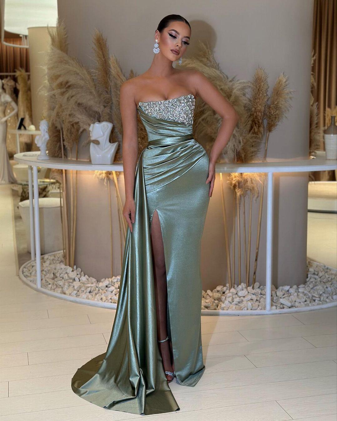 Charming Strapless Long Prom Dress with Beading Split Ruffles