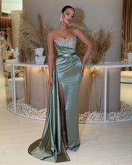 Charming Strapless Long Prom Dress with Beading Split Ruffles