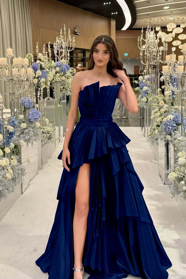 Charming Strapless Long Split Prom Dress with Pleated Details