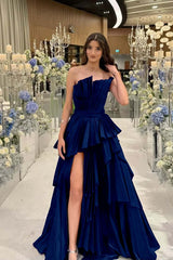 Charming Strapless Long Split Prom Dress with Pleated Details