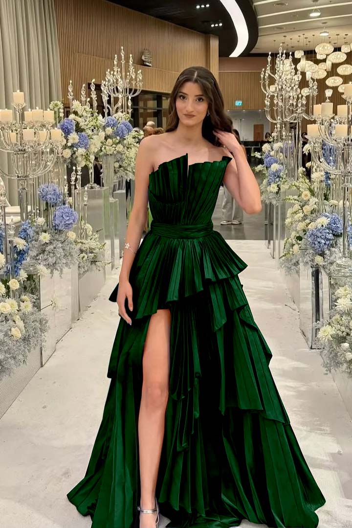 Charming Strapless Long Split Prom Dress with Pleated Details